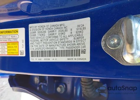 2024 Honda Civic Lx z USA, uszkodzony, nr VIN 2HGFE2F21RH596214